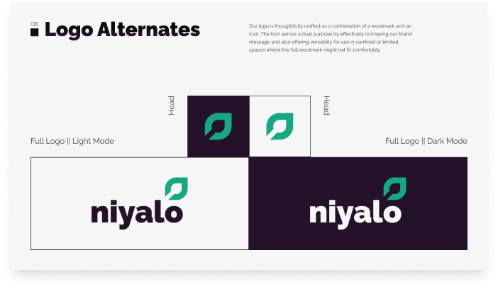 Display of Niyalo logo alternates for various backgrounds.